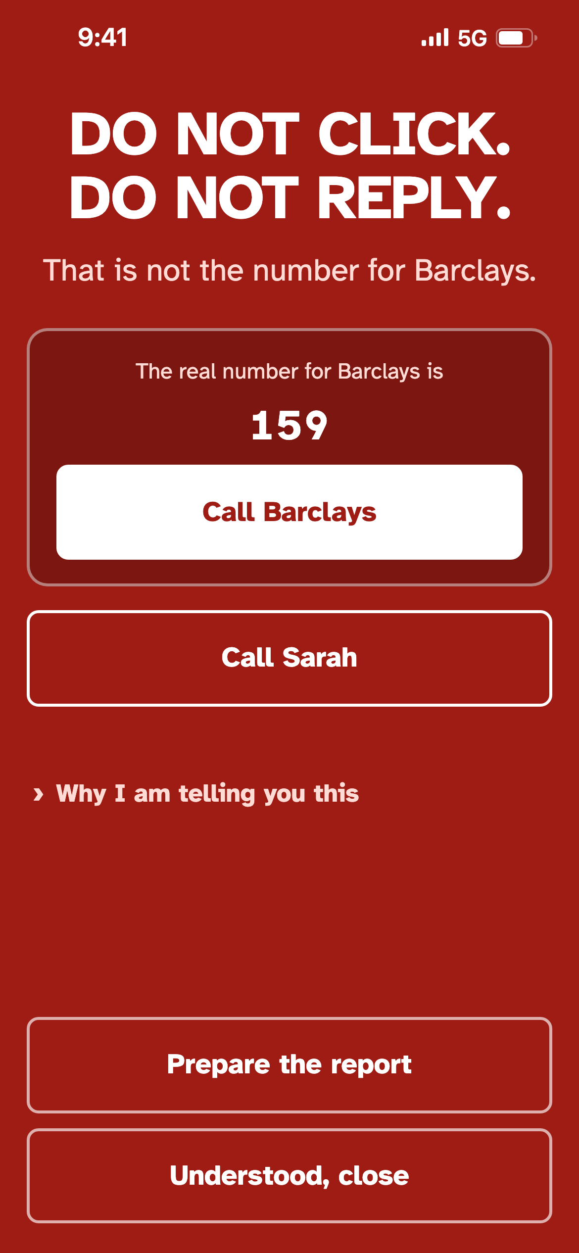 Scudo's alarm screen on a phone. In large letters: Do not click. Do not reply. Below it, the reason: that is not the number for Barclays. Then the real number, 159, and a button to call it.