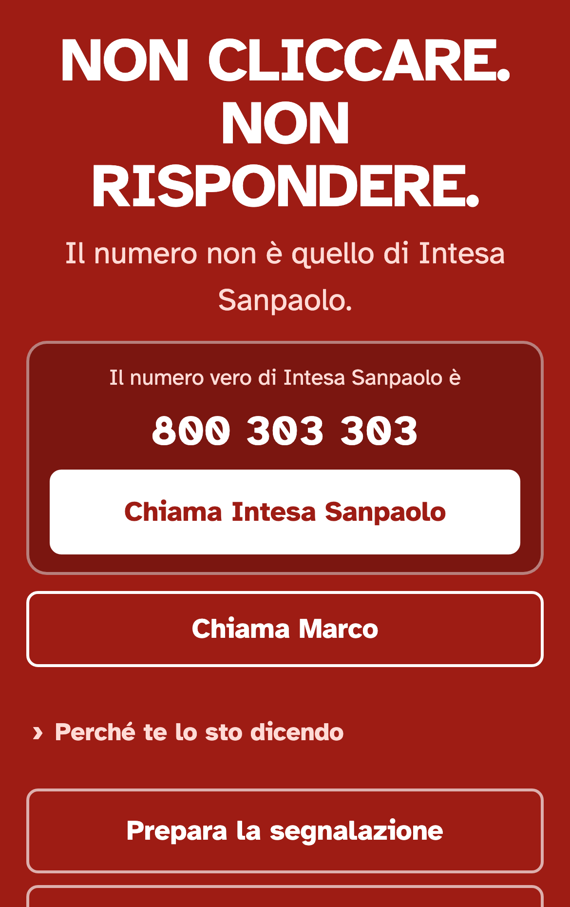Scudo's alarm screen on a phone: in large type, do not click and do not answer, below it the reason that the number is not the bank's, the bank's real number and a button to call it.