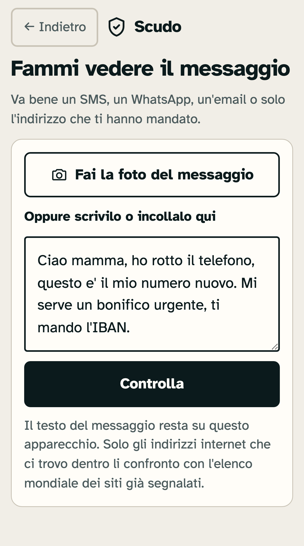 Scudo's message-checking screen: a box with the text of a fake message pasted into it, and a button to run the check.